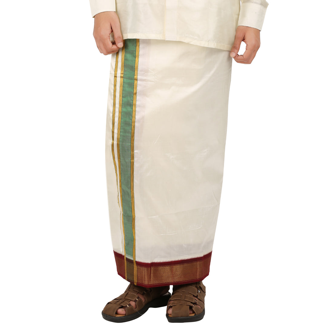Pure Silk 13 Kan Cream Dhoti | Double Layer | 13 Kan Mayilkan Border