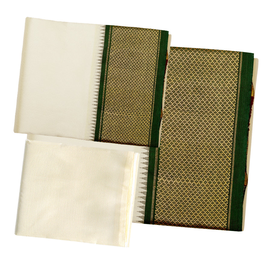 Pure Silk 16 Kan Cream Velcro Dhoti | Double Layer | Mayilkan Border | Kannika