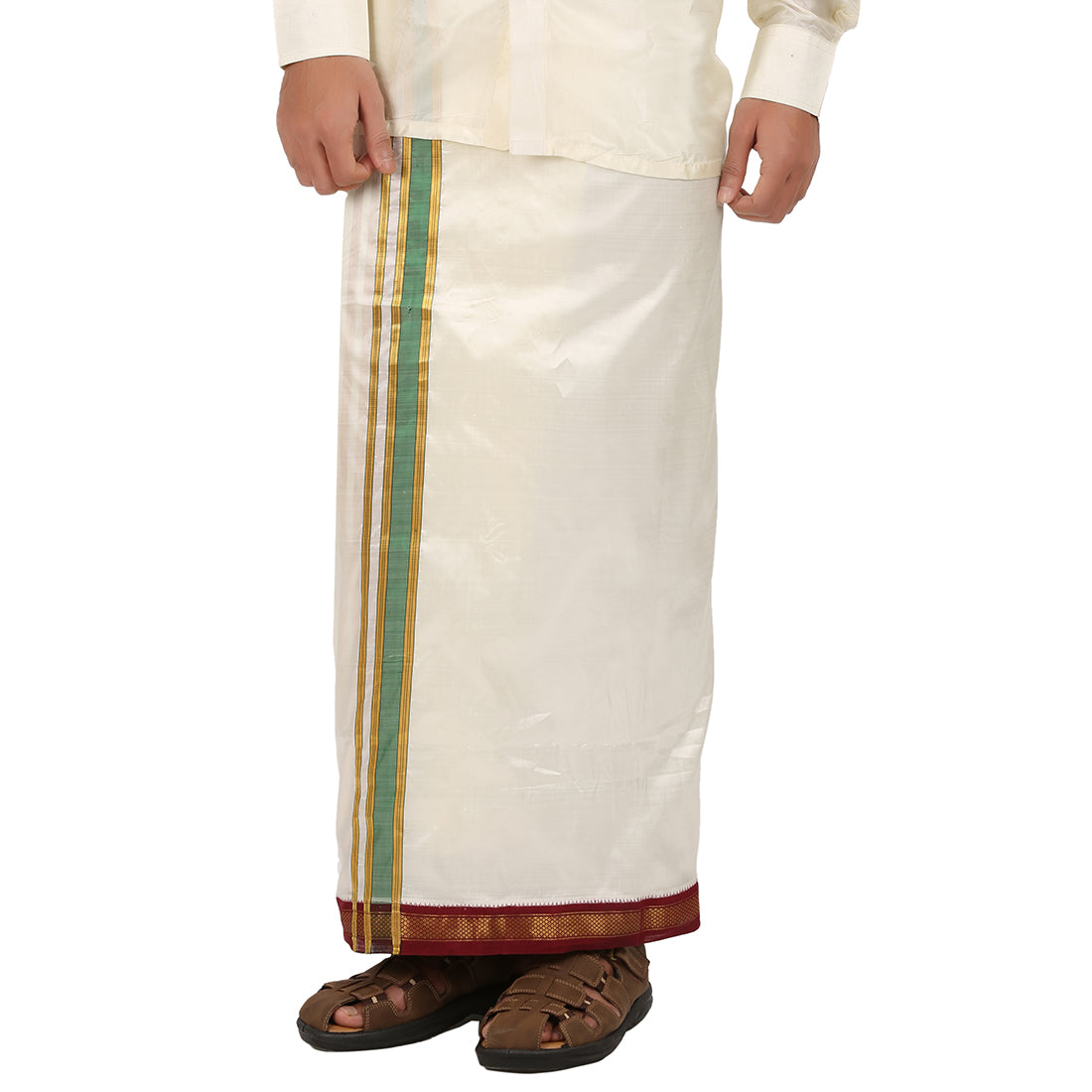 Pure Silk 5 Kan Cream Dhoti | Double Layer | 5 Kan Mayilkan Border