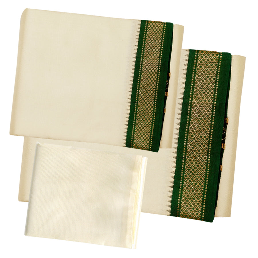Pure Silk 5 Kan Cream Dhoti with Angavastram | Double Layer | Mayilkan Border | Kannika
