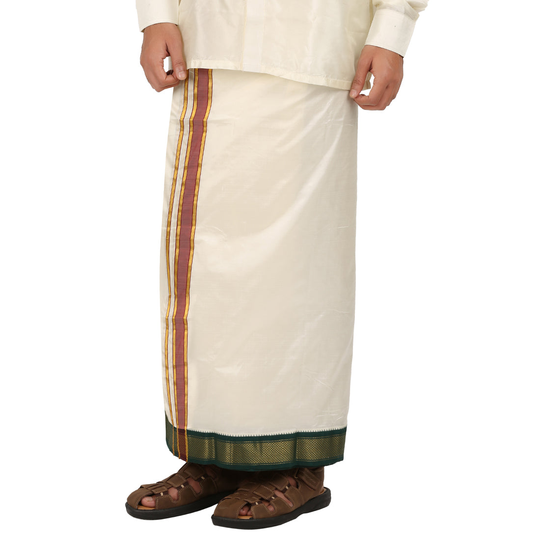 Pure Silk 9 Kan Cream Dhoti | Double Layer | 9 Kan Mayilkan Border