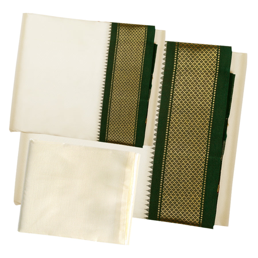Pure Silk 9 Kan Cream Dhoti with Angavastram | Double Layer | Mayilkan Border | Kannika