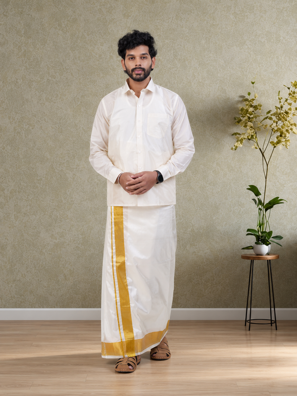 Pure Silk Cream Dhoti | Double Layer | 3 1/2" Gold Jari Border