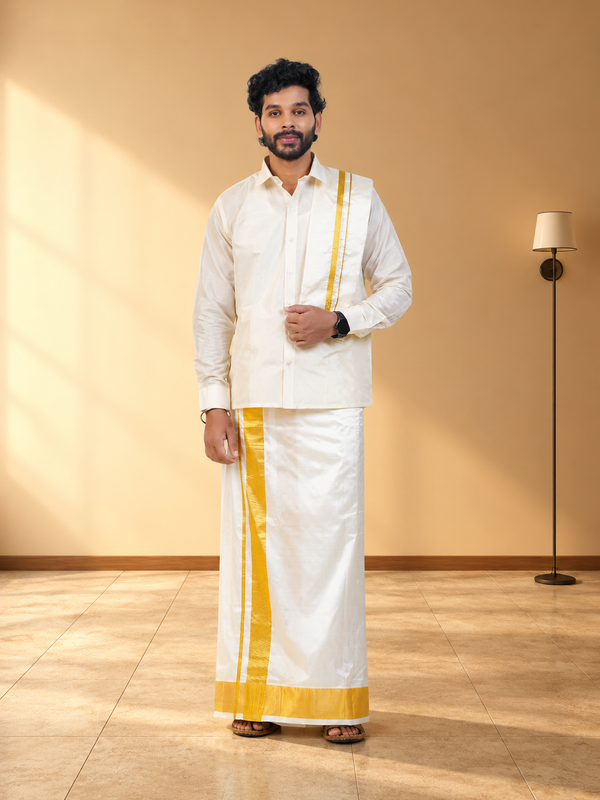Pure Silk Cream Dhoti with Angavastram | Double Layer | 4 1/2" Gold Jari Border