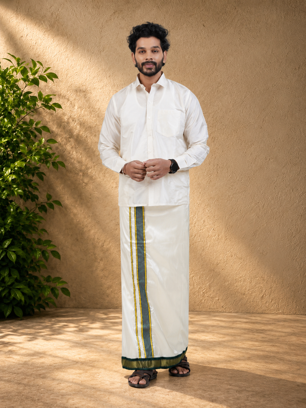 Semi Silk 7 Kan Cream Dhoti | Double Layer | Mayilkan Border | Kannika