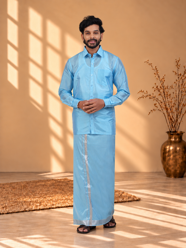 Art Silk Sky Blue Mappillai Set | 3-in-1 | Double Layer | 1 1/2" Silver Jari Border