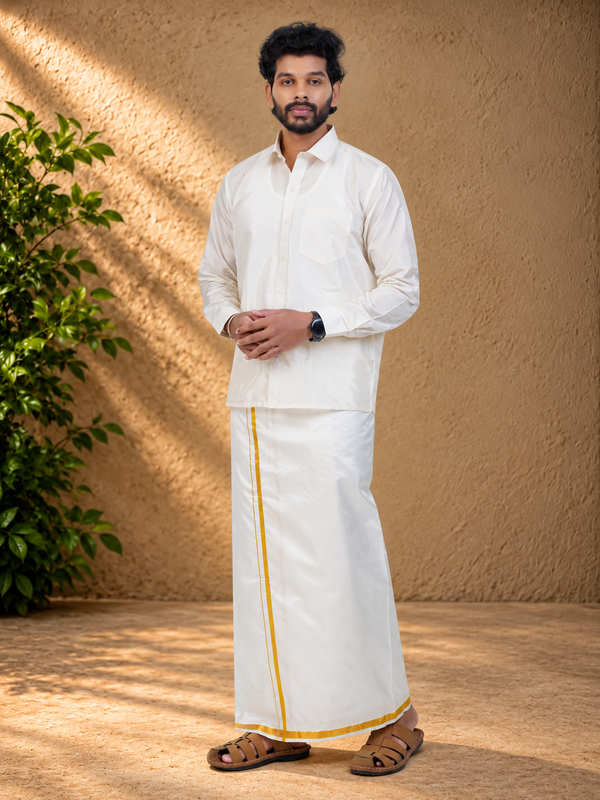 Pure Silk Cream Velcro Dhoti | Double Layer | 1/2" Gold Jari Border