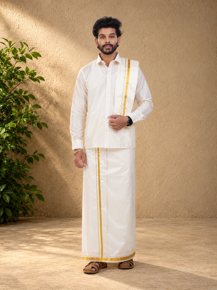 Art Silk Cream Mappillai Set | 3-in-1 | Double Layer | 1 1/2" Gold Jari Border