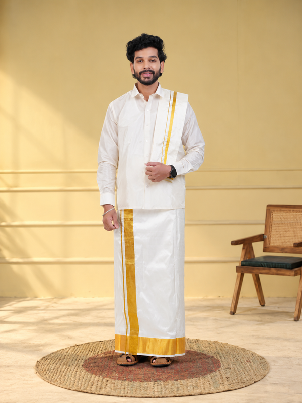 Pure Silk Cream Dhoti with Angavastram | Double Layer | 5" Gold Jari Border