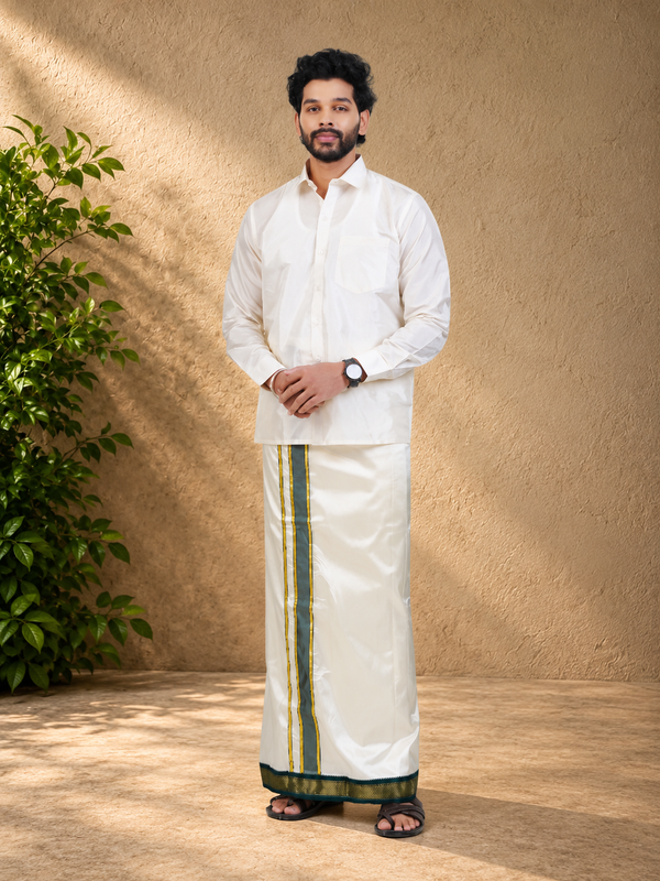 Art Silk Special 7 Kan Cream Dhoti | Double Layer | Mayilkan Border | Kannika