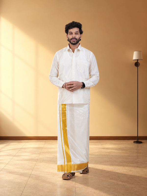 Pure Silk Cream Dhoti | Double Layer | 4 1/2" Gold Jari Border