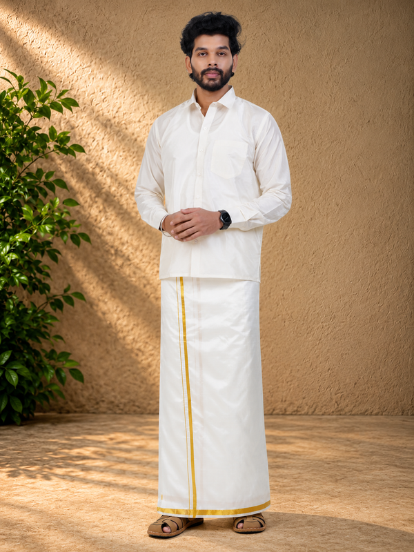Pure Silk Cream Dhoti | Double Layer | 1/2" Gold Jari Border