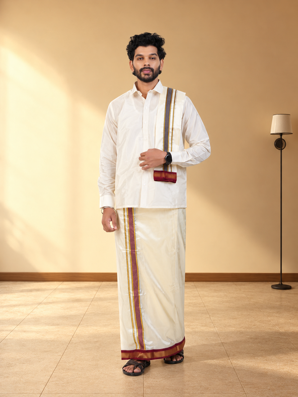 Semi Silk 5 Kan Cream Dhoti with Angavastram | Double Layer | Mayilkan Border | Kannika