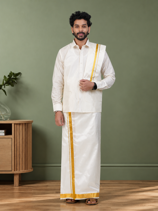 Pure Silk Cream Dhoti with Angavastram | Double Layer | 2" Gold Jari Border