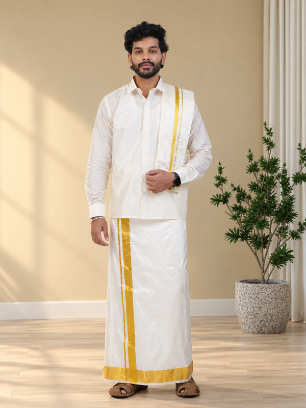 Pure Silk Cream Dhoti with Angavastram | Double Layer | 4" Gold Jari Border
