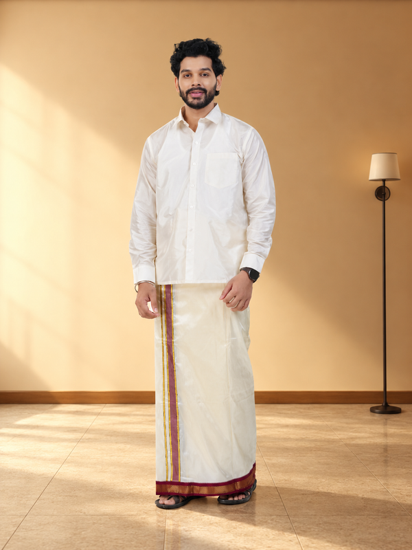 Semi Silk 5 Kan Cream Velcro Dhoti | Double Layer | Mayilkan Border | Kannika