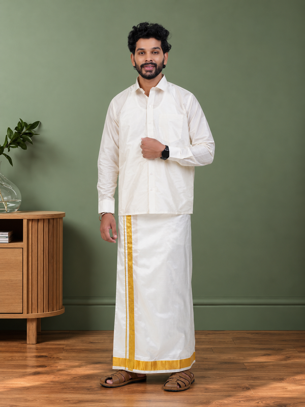 Pure Silk Cream Dhoti | Double Layer | 2" Gold Jari Border