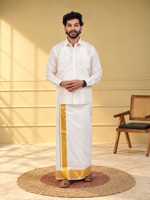 Pure Silk Cream Dhoti | Double Layer | 5" Gold Jari Border
