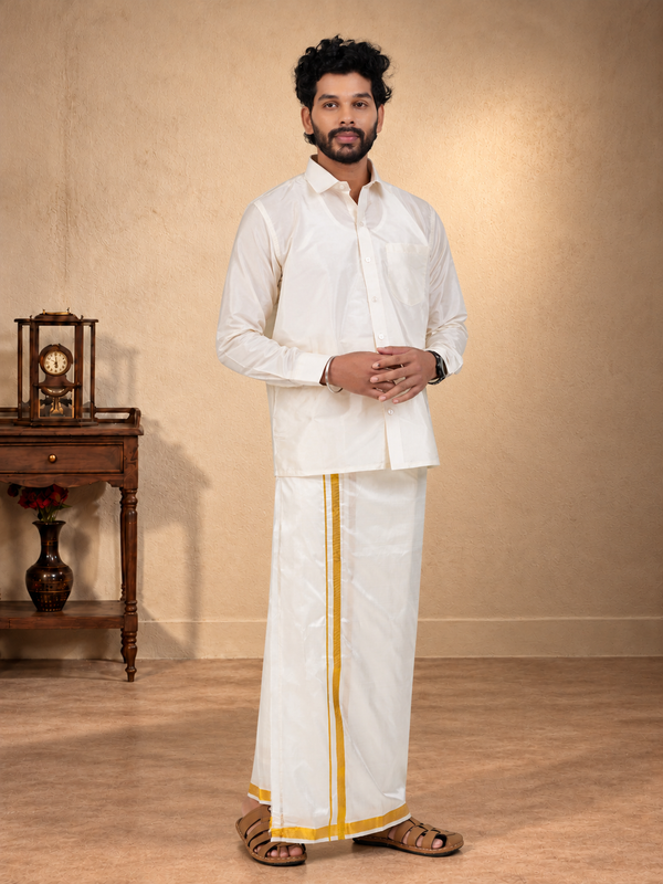 Pure Silk Cream Velcro Dhoti | Double Layer | 1 1/2" Gold Jari Border