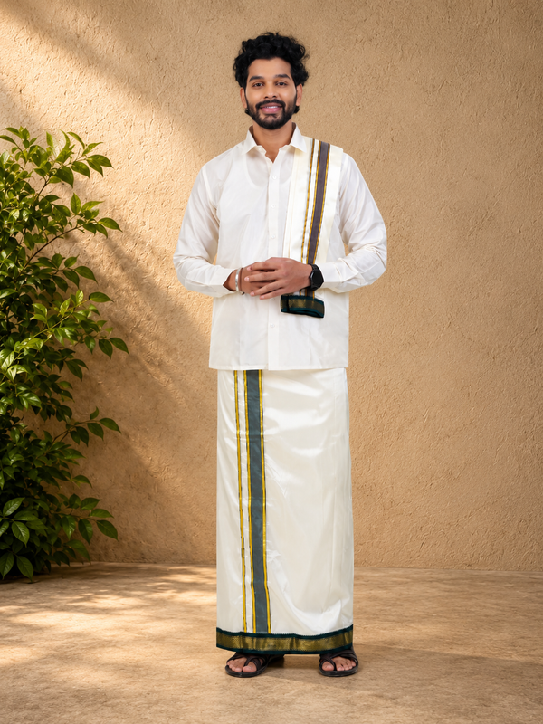 Semi Silk 7 Kan Cream Dhoti with Angavastram | Double Layer | Mayilkan Border | Kannika