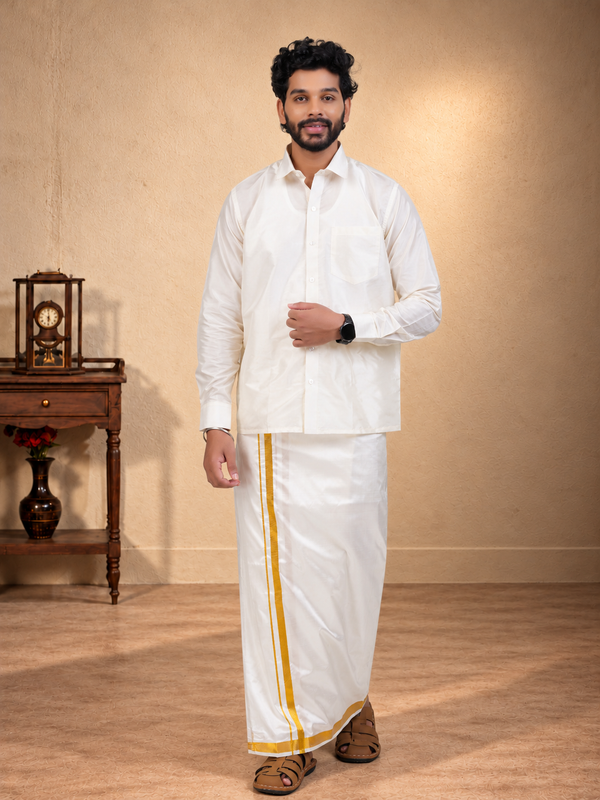Art Silk Cream Mappillai Set | 2-in-1 | Double Layer | 1" Gold Jari Border