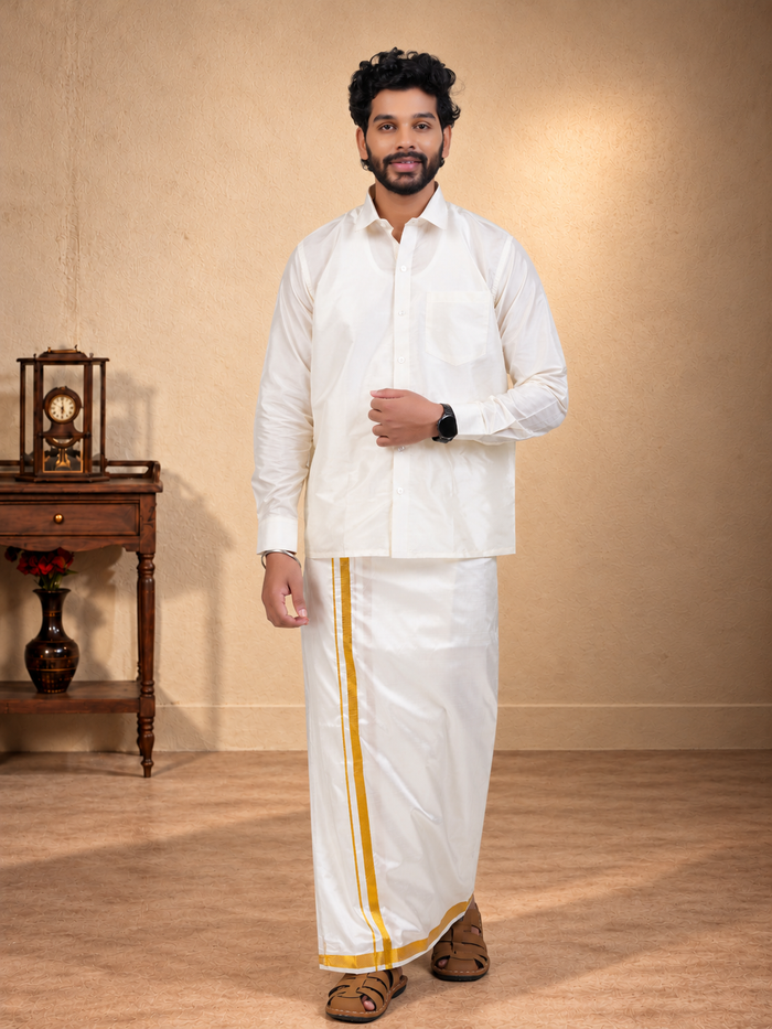 Art Silk Cream Mappillai Set | 2-in-1 | Double Layer | 1" Gold Jari Border
