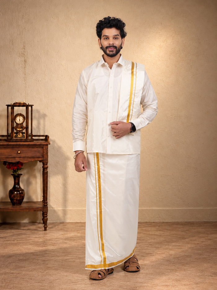 Art Silk Cream Velcro Mappillai Set | 3-in-1 | Double Layer | 1 1/2" Gold Jari Border