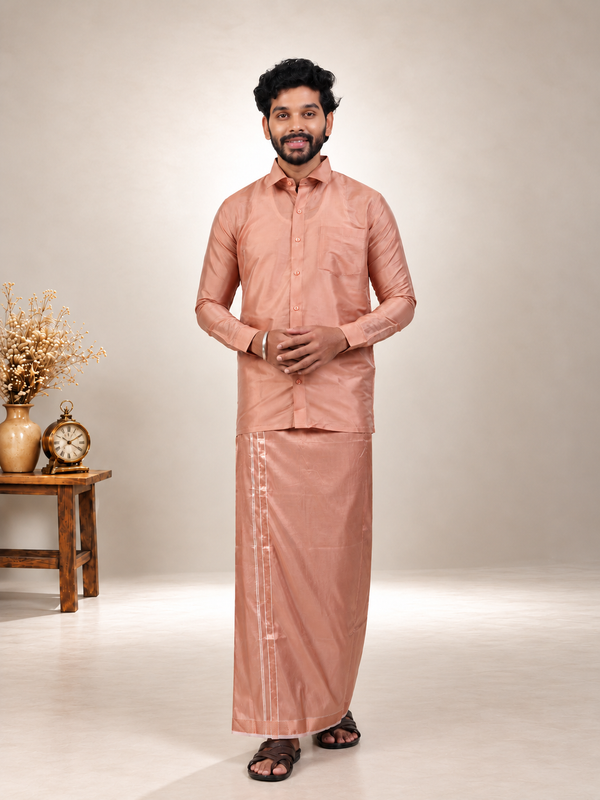Art Silk Cooper Mappillai Set | 3-in-1 | Double Layer | 1 1/2" Copper Jari Border