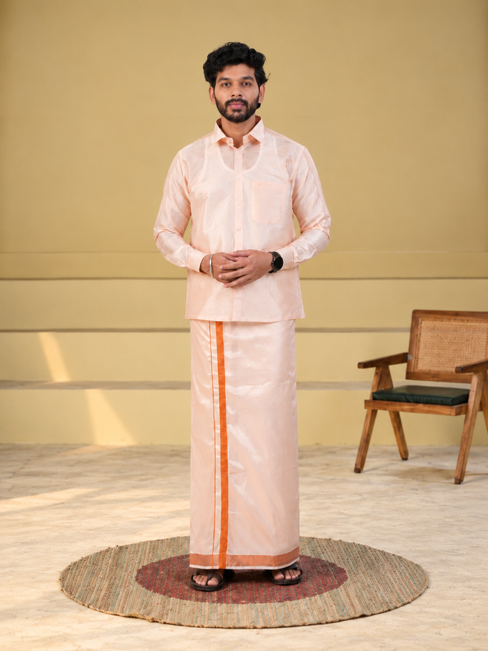 Art Silk Coral Mappillai Set | 3-in-1 | Double Layer | 1 1/2" Copper Jari Border