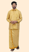 Art Silk Mustard Velcro Mappillai Set | 3-in-1 | Double Layer | 1 1/2" Gold Jari Border