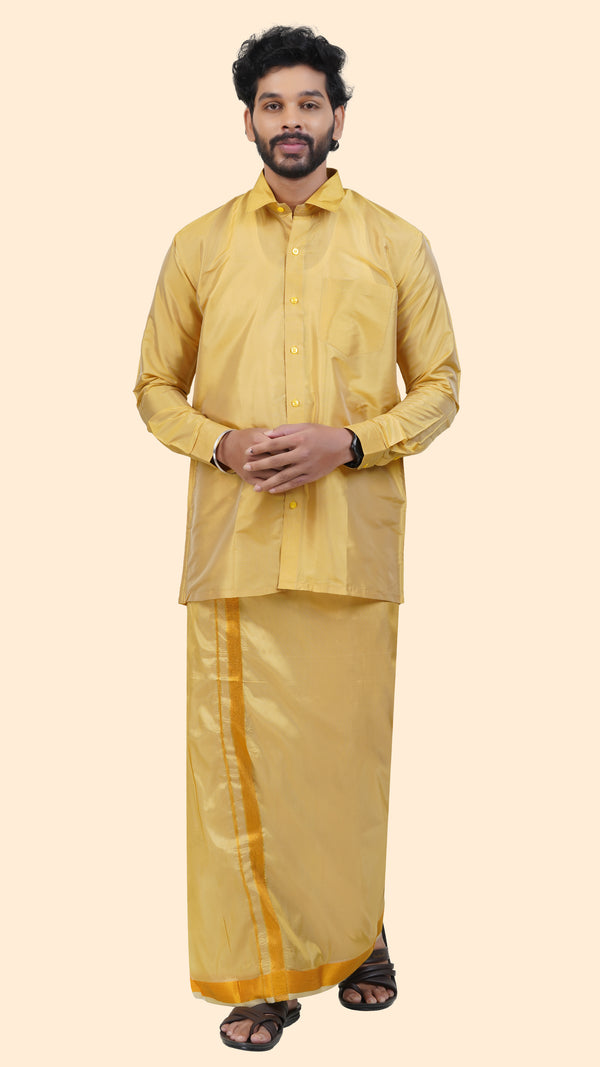 Art Silk Mustard Velcro Mappillai Set | 3-in-1 | Double Layer | 1 1/2" Gold Jari Border