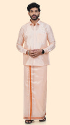 Art Silk Coral Mappillai Set | 3-in-1 | Double Layer | 1 1/2" Copper Jari Border
