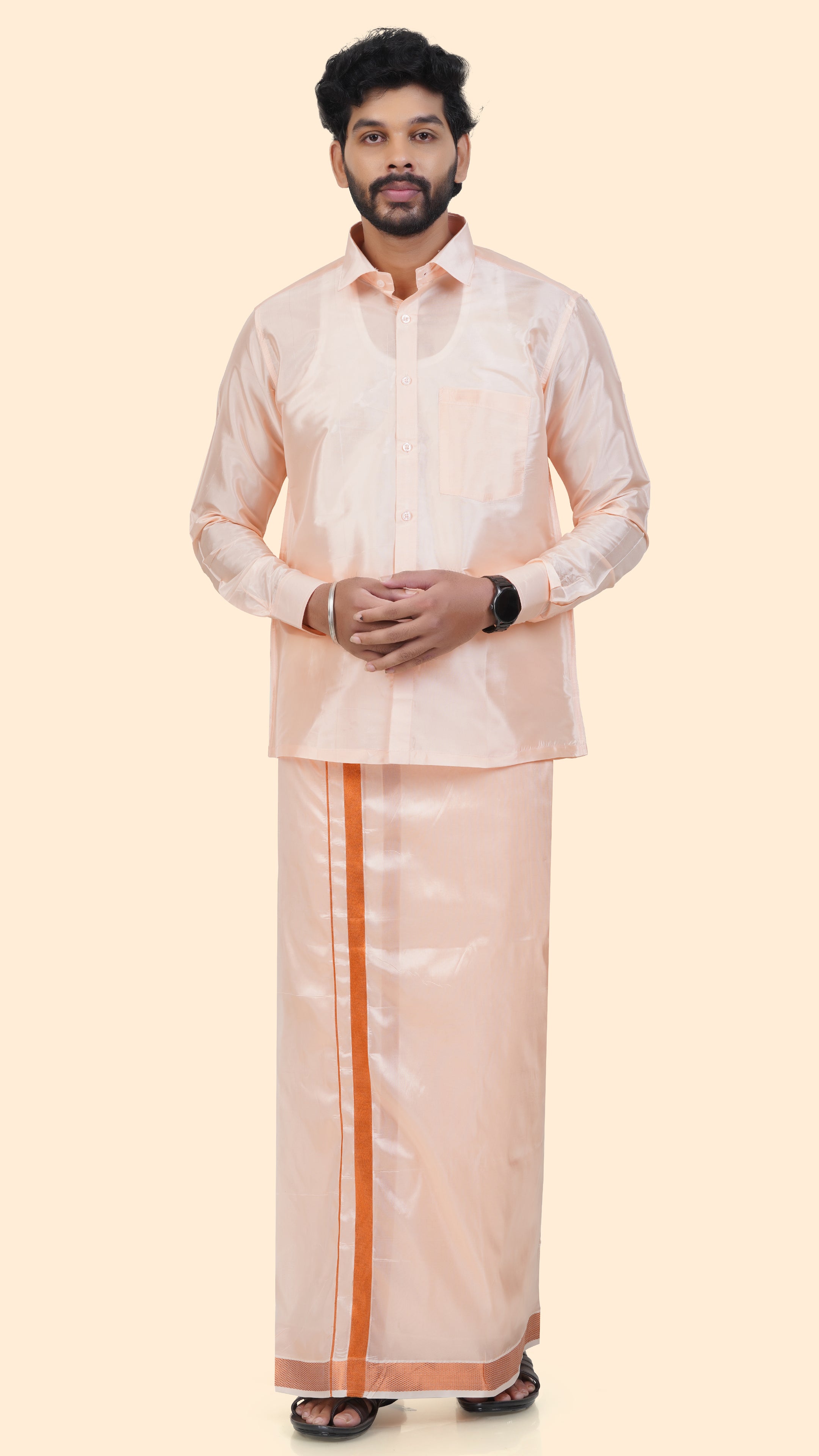 Art Silk Coral Mappillai Set | 3-in-1 | Double Layer | 1 1/2" Copper Jari Border