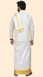 Pure Silk Cream Dhoti with Angavastram | Double Layer | 3" Gold Jari Border