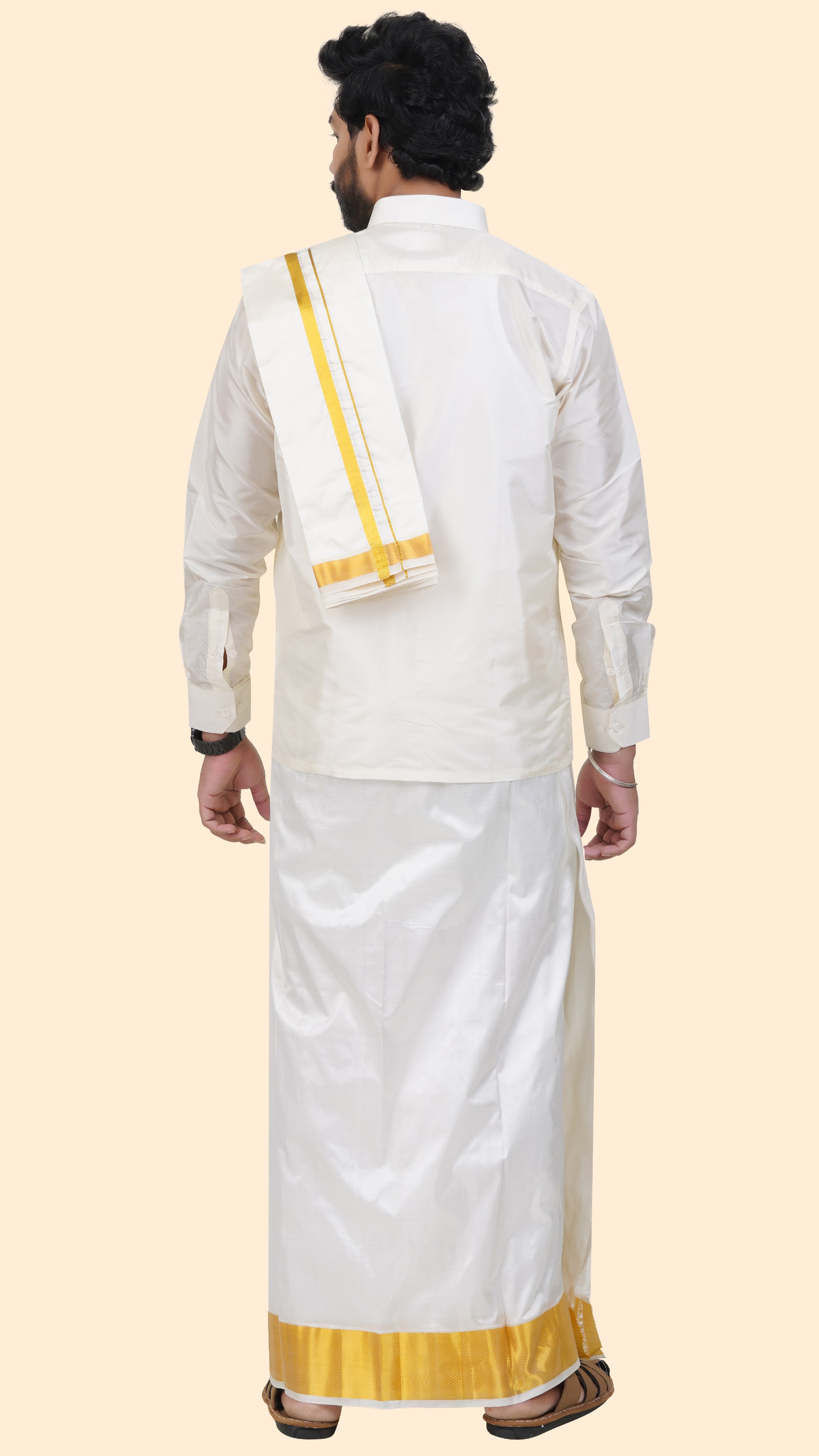 Pure Silk Cream Dhoti with Angavastram | Double Layer | 3" Gold Jari Border