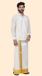 Pure Silk Cream Dhoti with Angavastram | Double Layer | 3" Gold Jari Border