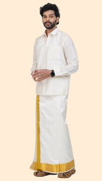 Pure Silk Cream Dhoti with Angavastram | Double Layer | 3" Gold Jari Border
