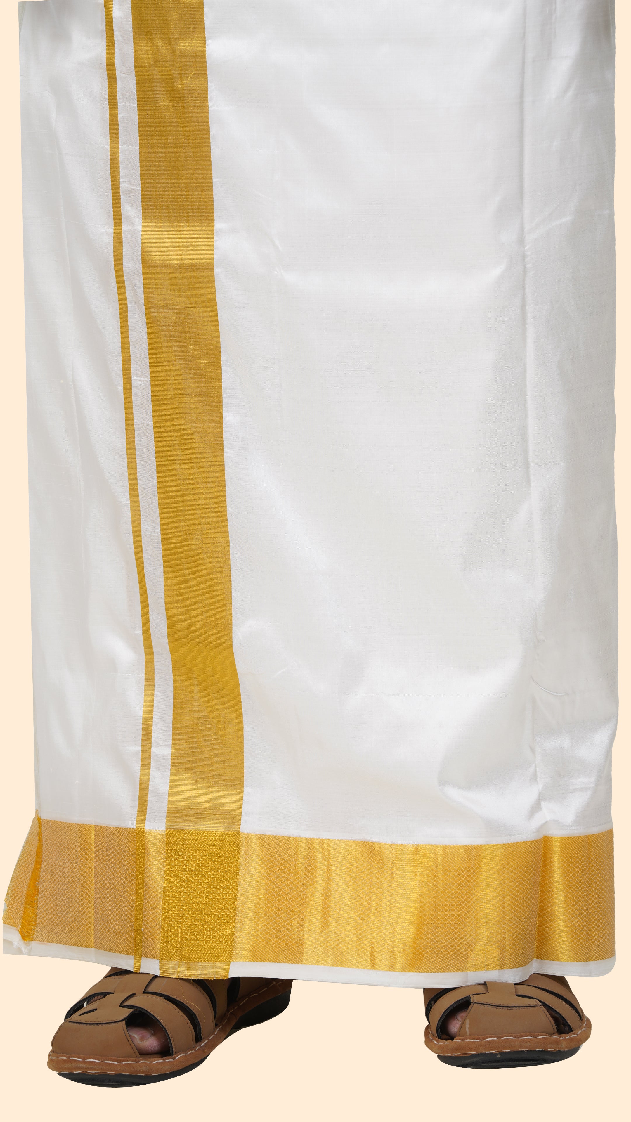 Pure Silk Cream Dhoti with Angavastram | Double Layer | 3" Gold Jari Border