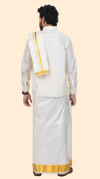 Pure Silk Cream Dhoti with Angavastram | Double Layer | 3 1/2" Gold Jari Border