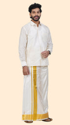 Pure Silk Cream Velcro Dhoti | Double Layer | 3 1/2" Gold Jari Border