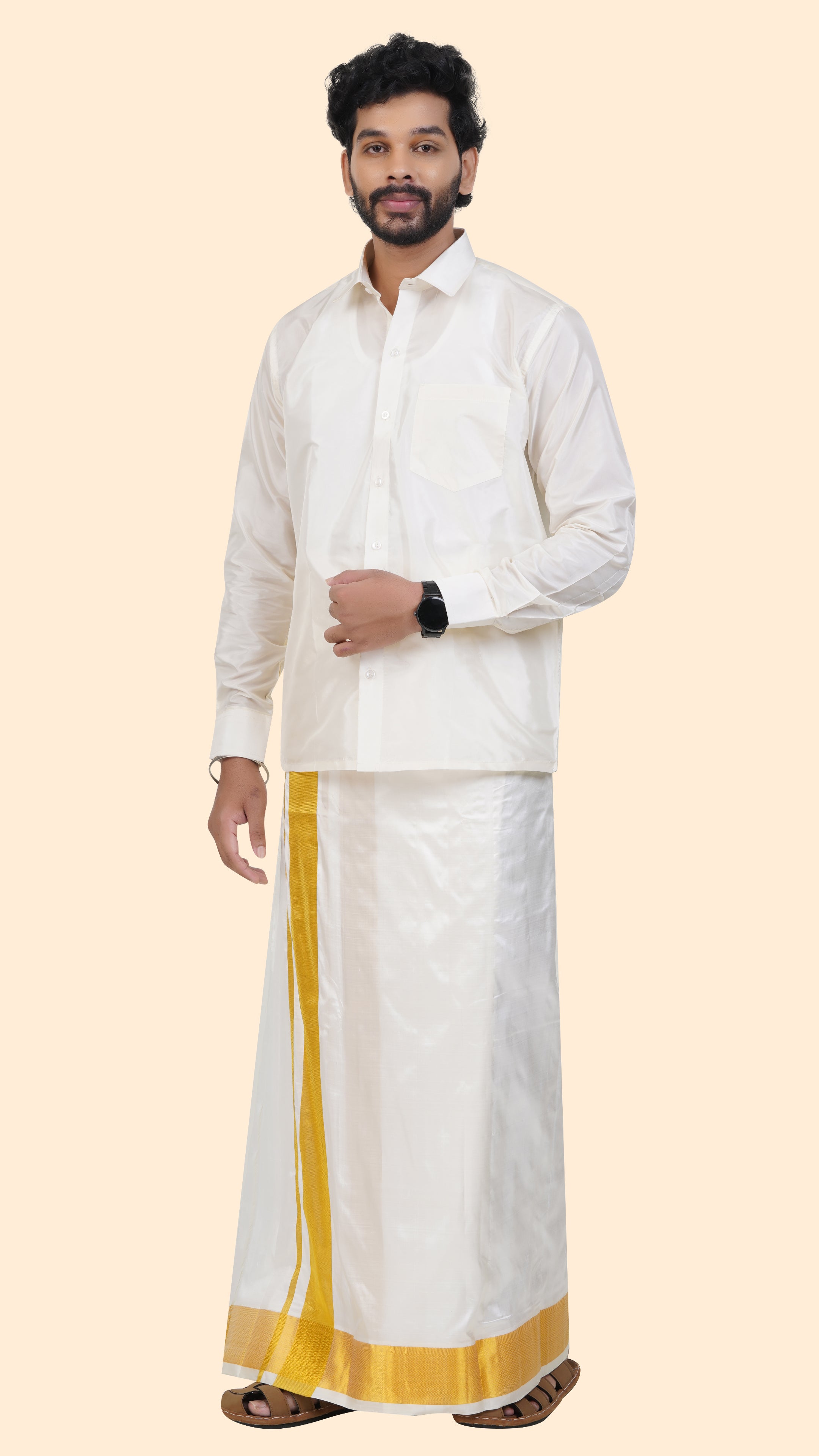 Pure Silk Cream Velcro Dhoti | Double Layer | 3 1/2" Gold Jari Border