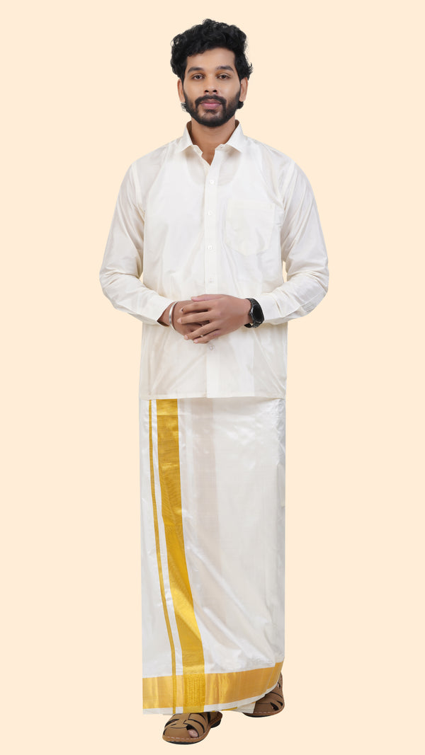 Pure Silk Cream Velcro Dhoti | Double Layer | 3 1/2" Gold Jari Border