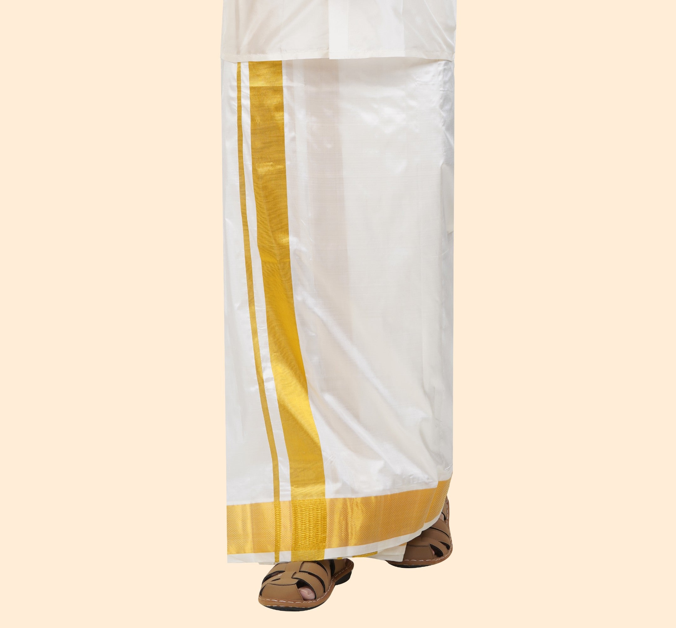 Pure Silk Cream Velcro Dhoti | Double Layer | 3 1/2" Gold Jari Border