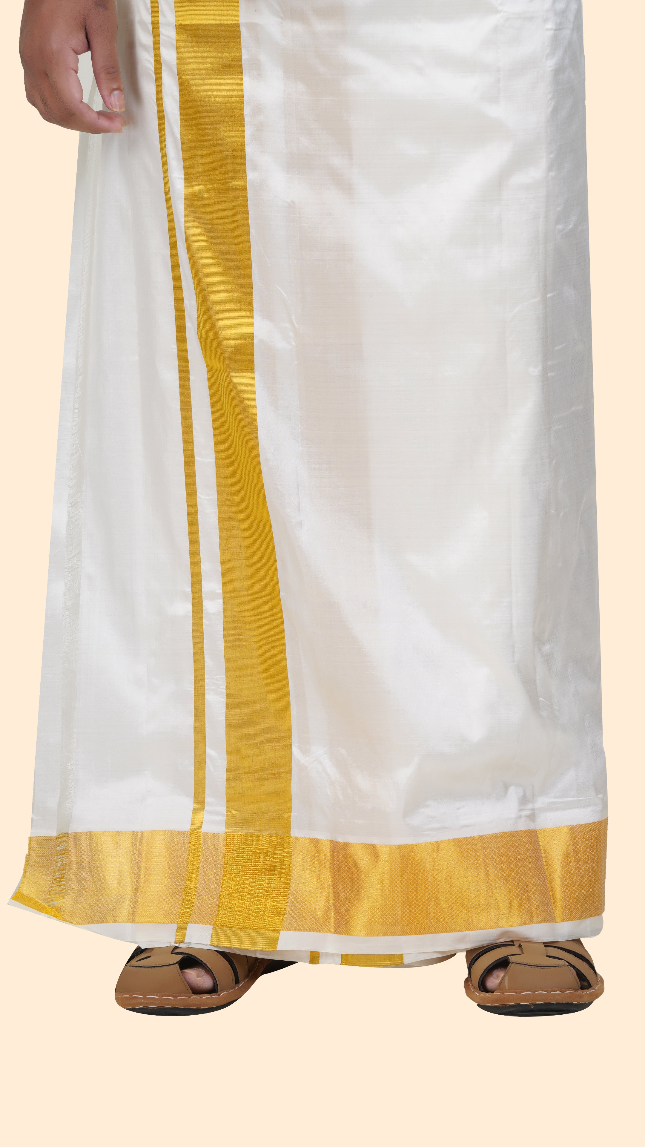 Pure Silk Cream Velcro Dhoti | Double Layer | 2 1/2" Gold Jari Border