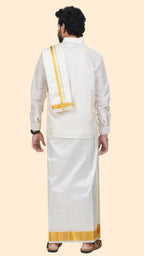 Semi Silk Cream Dhoti with Angavastram | Double Layer | 2 1/2" Gold Jari Border