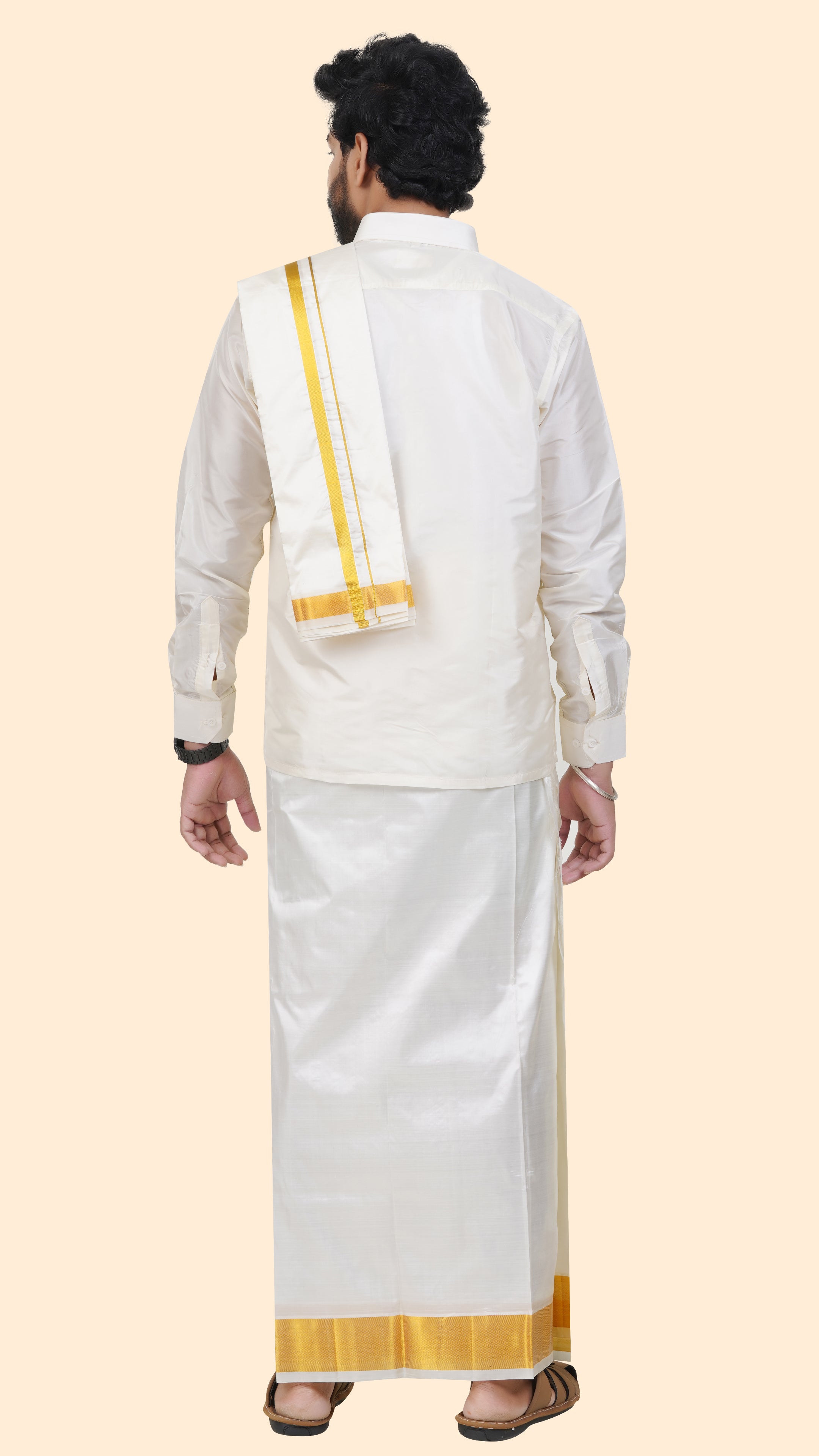 Semi Silk Cream Dhoti with Angavastram | Double Layer | 2 1/2" Gold Jari Border