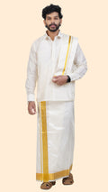 Semi Silk Cream Dhoti with Angavastram | Double Layer | 2 1/2" Gold Jari Border