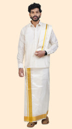 Semi Silk Cream Dhoti with Angavastram | Double Layer | 2 1/2" Gold Jari Border