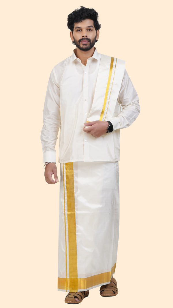 Pure Silk Cream Dhoti with Angavastram | Double Layer | 2 1/2" Gold Jari Border