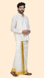 Pure Silk Cream Velcro Dhoti | Double Layer | 2 1/2" Gold Jari Border